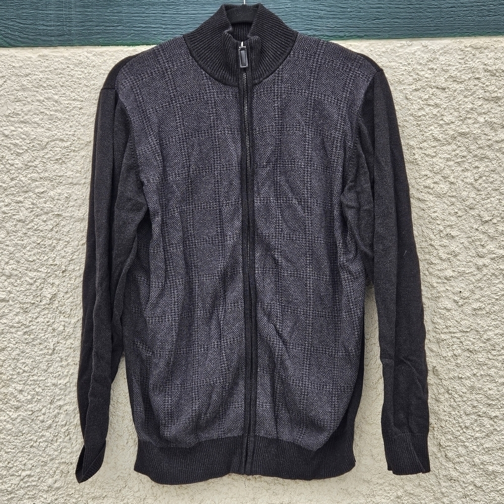 Oscar de la Renta charcoal gray colorblock mockneck full zip cardigan large